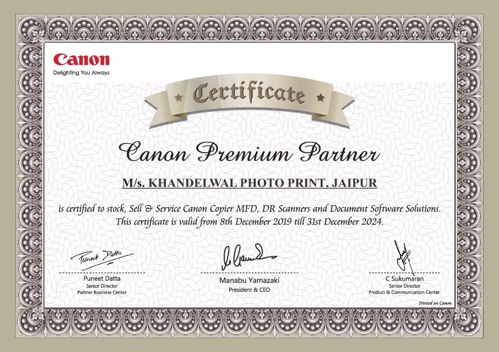 Canon Premium Partner Certificate for M/s. Khandelwal Photo Print, Jaipur — Copier MFD, DR Scanners and Document Software